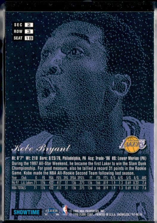 1997-98 Flair Showcase Kobe Bryant - Sec 2 Row 3 Seat 18 Showtime