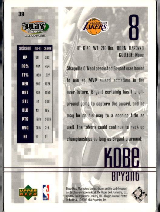 2001-02 UD PlayMakers Limited #39 Kobe Bryant