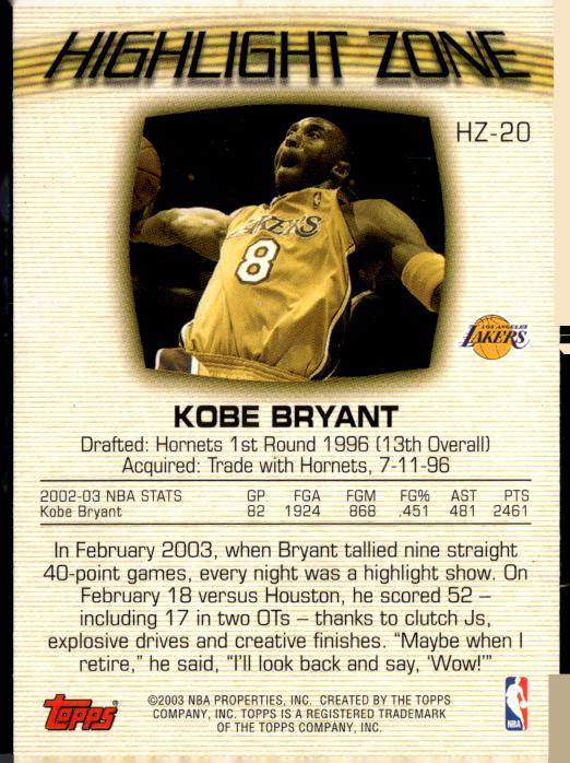 2003-04 Topps #HZ-20 Kobe Bryant Highlight Zone